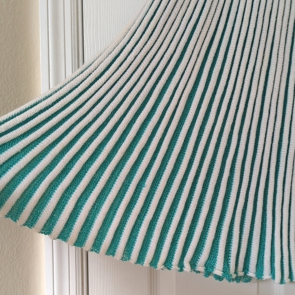 80's Vintage Unique Pleated Knit High Waisted A-Line Mini Skirt White Teal XL - Picture 5 of 8